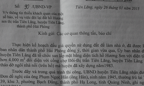 Vụ đòi lại đất hồ Hương Sen (Tiên Lãng - Hải Phòng):  “Không thể gọi là cưỡng chế”