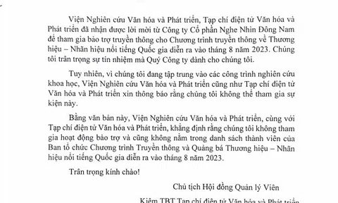 Viện Nghiên cứu Văn hóa và Phát triển không tham gia bảo trợ Chương trình truyền thông, quảng bá thương hiệu, nhãn hiệu nổi tiếng Quốc gia 2023